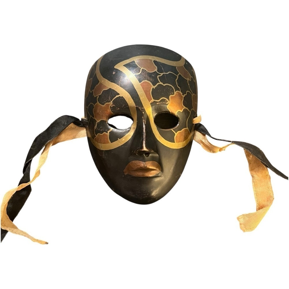 Vintage Brass Hand-Painted Masquerade Mardi Gras Theatre Mask Boho Wall Art Boho - Picture 3 of 10